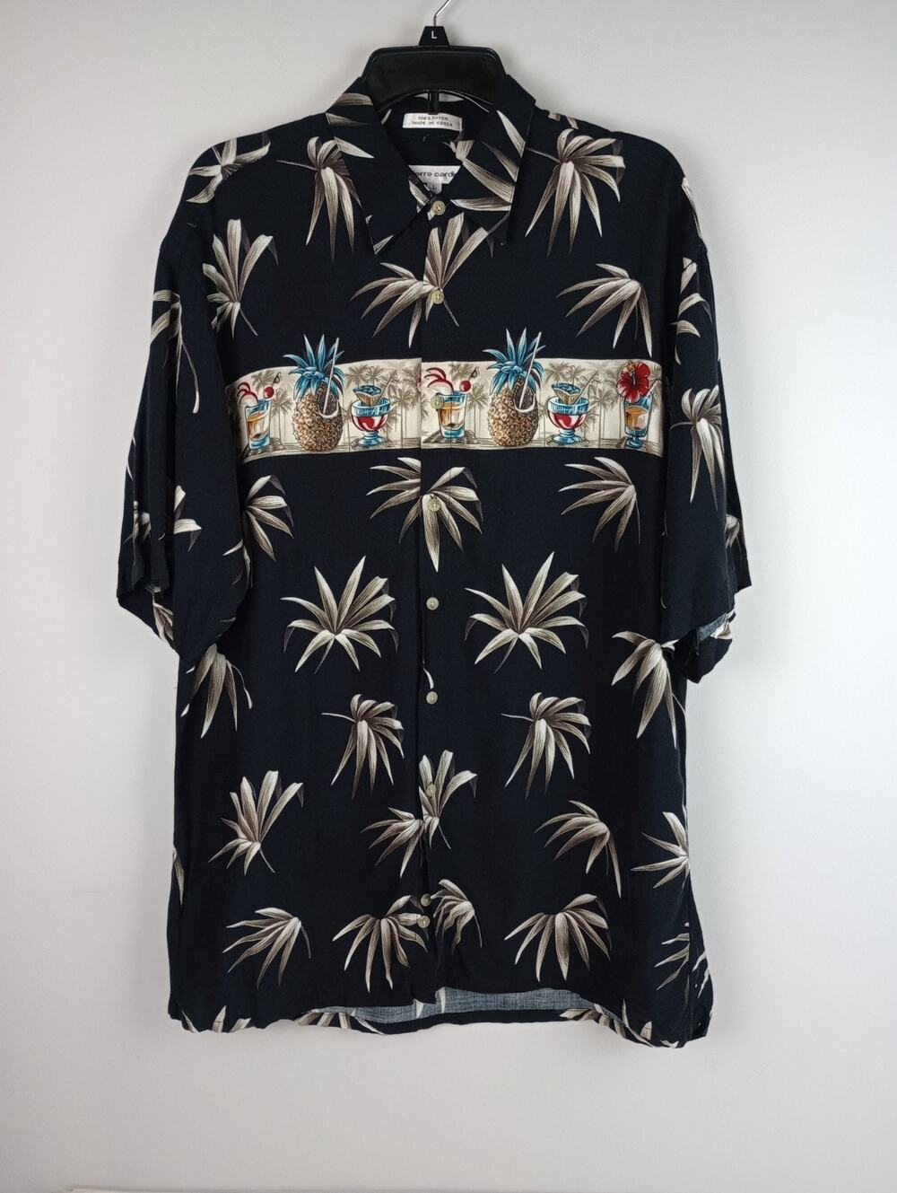 Pierre Cardin Mens L Black Cream Tropical Short Sleeve Button 90s Hawaiian Shirt